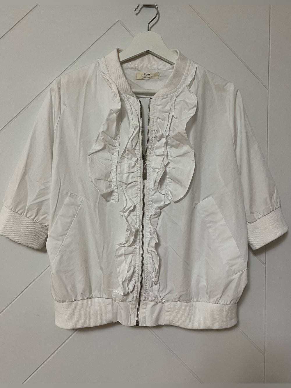 Free People White Ruffle-Front Zip Bomber Jacket